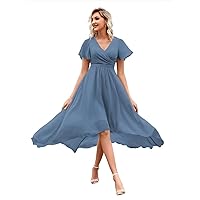 UZN Women's High Low Bridesmaid Dresses V Neck Chiffon Short Sleeves Formal Party Gown