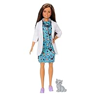 Barbie Pet Vet Brunette Doll with Career Pet-Print Dress, Medical Coat, Shoes and Kitty Patient for Ages 3 and Up ​, Multi