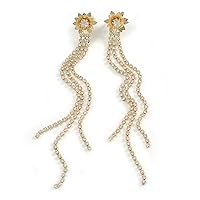 Long Crystal Chains with Flower Dangle Earrings in Gold Tone - 11cm L