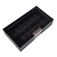 Personalized 12 Black Wood Watch Box Display Case Storage Jewelry Organizer with Glass Top, Stainless Steel Accents, and Oversized Deluxe Pillows