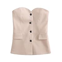Women's Strapless Suit Vest Button Front Business Formal Waistcoat Vest with Pockets
