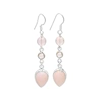 925 Sterling Silver Teardrop Earrings with Pink Opal, Rose Quartz Gemstone Statement Earrings