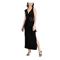 Connected Apparel Womens Black Zippered Ruffled Side Slit Lined Sleeveless V Neck Tea-Length Evening Sheath Dress Petites 4P