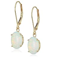 Amazon Collection 14k Yellow Gold Oval October Created Opal Dangle Earrings for Women, Opal 8x10mm Leverback Earrings - Hypoallergenic, Nickel-Free, Elegant Gift for All Occasions