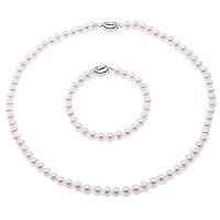 JYX Pearl Necklace Set AA+ 6-7mm Natural White Freshwater Cultured Pearl Necklace Bracelet and Earrings Set for Women