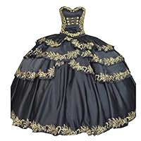 Sweetheart Satin Ball Gown Quinceanera Dresses Mexican Gold Embroidered Sweet 16 Prom Dresses Layered Corset 2024