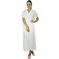 Bimba Solid Long Kaftan Dress for Women's Kimono Sleeves Soft Cotton Beach Cover Up Caftan White