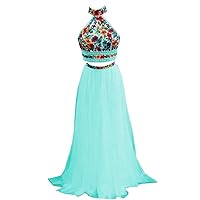 High Neck Two Pieces Tulle Prom Formal Evening Dresses with Rhinestones Flowers Embroidered Halter Long