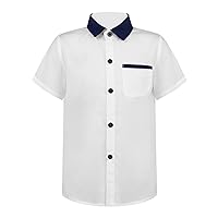 FEESHOW Boys Summer Button Down Dress Shirt Kids Short Sleeve Casual Vertical Striped Shirt Daily Wear