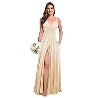 Chiffon Bridesmaid Dresses Long Spaghetti Straps V Neck Pleated Formal Dress with Pockets