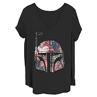 Star Wars Women's Bobba Floral comp Junior's Plus Short Sleeve Tee Shirt, Black, 3X