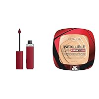 Infallible Matte Resistance Liquid Lipstick & L'Oreal Paris Makeup Infallible Fresh Wear Foundation in a Powder, Up to 24H Wear, Waterproof, Beige Sand, 0.31 oz.