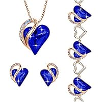 Leafael Infinity Love Crystal Heart Bundle Jewelry Set with Lapis Lazuli Cobalt Blue Healing Stone Crystal for Wisdom Gifts for Women Necklace Earrings Bracelet, 18K Rose Gold Plated