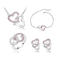 PULABO Women's Silver Filled Shine Austrian Crystal Heart Shape Chain Necklace Earrings Rings Jewelry Sets Women Gift New Releasedrose Creative
