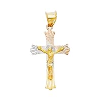 14K Tri Color Gold Diamond Cut Crucifix Jesus Cross Stamp Religious Pendant - Crucifix Charm Polish Finish - Handmade Spiritual Symbol - Gold Stamped Fine Jewelry - Great Gift for Men & Women for Occasions, 22 x 15 mm, 0.8 gms