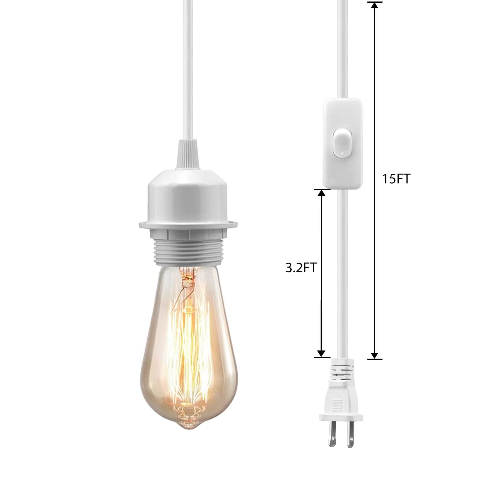Plug in Hanging Light Kit, 15ft Pendant Light Cord On/Off Switch, E26 E27 Socket Lamp Cord, Pendant Lighting Fixture Hanging Lights with Plug in Cord, DIY Lamp Cord Kit