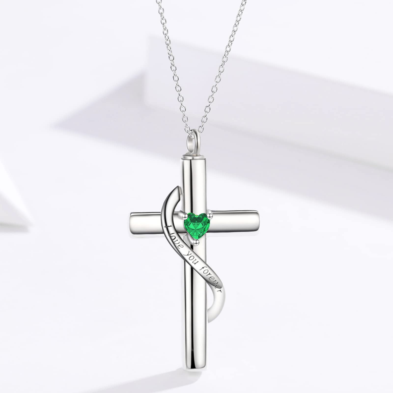 SOULMEET Crystal Cross Necklace for Ashes, Sterling Silver I Love You Forever Birthstone Cross Urn Necklaces for Ashes Keepsake Cremation Jewelry for Pet Human Ashes