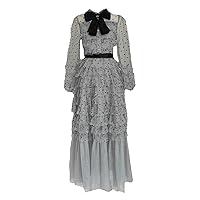 Women Bowknot Tie Rhinestones Dresses Long Sleeve Pleated Lace-Up Spliced Elegant Dress