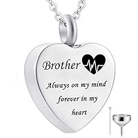HQ Cremation Heart Urn Necklace for Ashes Urn Jewelry Memorial Pendant with Fill Kit - Always on My Mind Forever in My Heart (brother)