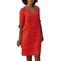 Cotton Linen Dresses for Women 2023 Spring Summer Casual Loose 3/4 Sleeve Midi Dress,Trendy Elegant Plain Beach