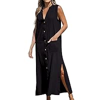 Women's Summer Dresses Ladies Dress Beach Holiday Cotton Linen Single Breasted V Neck Long Dress(Black,X-Large)