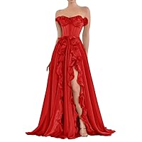 Tsbridal Women's Chiffon Prom Dresses A Line Long with Slit Ruffle Formal Party Gowns