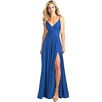 Women Deep V-Neck A-line Satin Side Slit Prom Dress Long Spaghetti Strap Ruched Formal Bridesmaid Gown