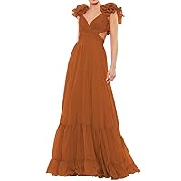 Women's Chiffon Prom Dresses Ruffles Sleeves V Neck Bridesmaid Dresses Long Evening Gowns for Wedding