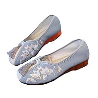 Vintage Slip On Loafers with Tassel Ladies Embroidered Low Heel Pumps Women Spring Shoes Canvas Ethnic Female Shoe Gray 4.5