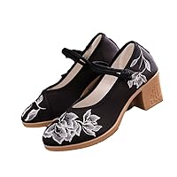 Chinese Style Women 6Cm High Block Heel Satin Cotton Fabric Shoes Comfortable Casual Embroidered Costume Pumps