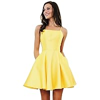 Women's Short Homecoming Dresses with Pockets Backless Satin Prom Dress for Teens 2023 R035