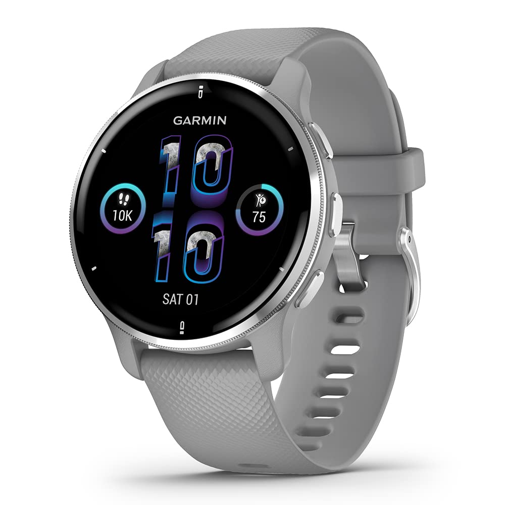 Garmin Venu 2 Plus (Silver/Powder Gray) GPS Fitness Smartwatch Power Bundle | with HD Screen Protectors & Portable Charger | On-Wrist Text & Phone Calls, Music, Sports Apps | Men's Activity Watch