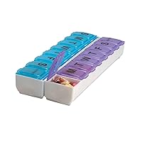 Weekly (14-Day) Pill Organizer, Vitamin and Medicine Box, Large Snap Compartments, Easy-To-Open, BPA Free, Blue and Purple