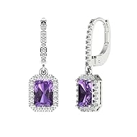 3.67 ct Emerald Round Cut Halo Solitaire Genuine Created Alexandrite Pair of Lever back Drop Dangle Earrings 18K White Gold