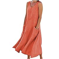 Linen Dresses for Women 2024 Sleeveless Summer Dress with Pocket Casual Beach Dress Light Weight Sundress Loose Fit Dresses