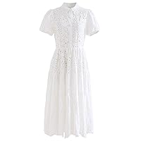 CHICWISH Women Short Sleeves Cotton Midi Dress Crochet Collar Embroidered Eyelet Button Down Casual White Long Dress