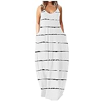 Flowy Summer Dress with Sleeves,Loose Pocket Print Sling Women's Casual Dress Sleeveless Striped Summer Women's