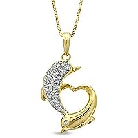 Round Clear D/VVS1 Diamond Heart-Shaped Dolphins Pendant for Her in 925 Sterling Silver & 14K Yellow Gold Plated