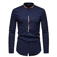 Black Floral Embroidery Shirt Men Long Sleeve Button Up Banded Collar Shirts Mens Party Dinner Tuxedo Shirts