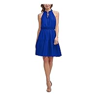 Vince Camuto Womens Blue Ruffled Keyhole Sleeveless Halter Above The Knee Party Fit + Flare Dress Petites 0P
