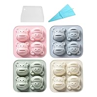 Pack of 4 Silicone Chocolate Candy Molds Set, Cute Animail Shaped Silicone Baking Mold Ice Cube Tray- with Pastry Bag and Scraper (Monkey)