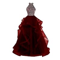 Women's High Halter Ruffles Quinceanera Dresses Beaded Crystal Ball Gown Sweet 16 Dress