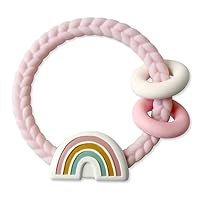 Itzy Ritzy Silicone Teether with Rattle; Rattle Teether Features Rattle Sound, Two Silicone Teething Rings and Raised Texture to Soothe Gums; Ages 3 Months and Up (Pink Rainbow)