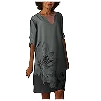Sundresses for Women 2024 Cotton Linen V Neck Tunic Dress Half Sleeve Vintage Floral Printed Casual Summer Dress