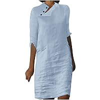 Chinese Button Cotton Linen Dressy Knee Dress for Womens Summer Half Sleeve Trendy Casual Elegant Sheath Dresses