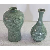 Korean Celadon Glaze Inlaid Clouds and Cranes Pattern Inlay Design Green Decorative Porcelain Ceramic Pottery Home Decor Accent Prunus Vase