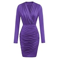 NP Women Ruched Bodycon Dress Long Sleeve Surplice Hips-Wrapped Pencil Dress Lady