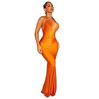 Women's Dress Rhinestone Chain Crisscross Backless Ruched Mermaid Hem Dress Summer Dress (Color : Orange, Size : Large)