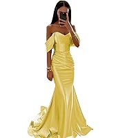Off Shoulder Bridesmaid Dresses Ruched Satin Mermaid Prom Dresses for Women Long Formal Wedding Party Gowns with Tail