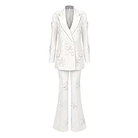 Women Sexy Floral Embellished Blazer Set Two Piece Set Party Long Sleeve Top Flare Long Pant Set Suit